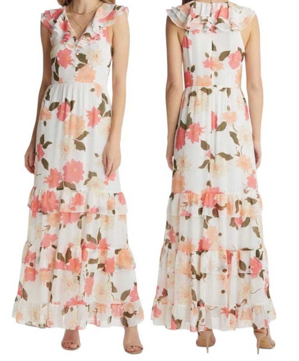 VICI Collection dress white floral print tiered chiffon